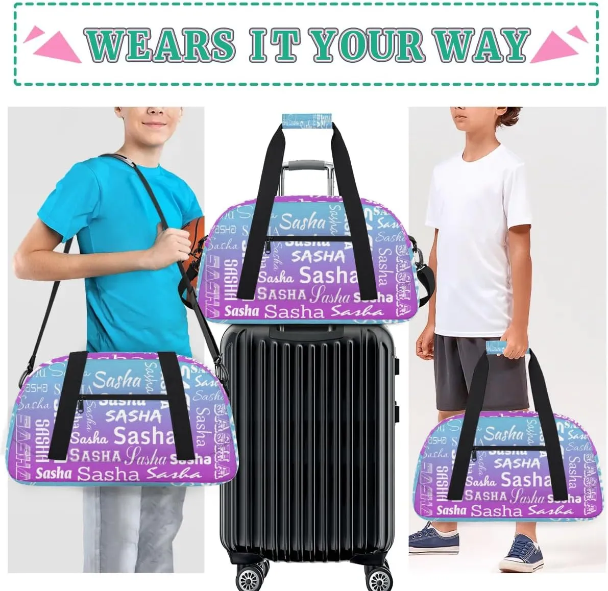 Personalized Name Dance Gymnastics Bags, Custom Duffel Bag Cheer Bags, Custom Sport Duffel Gym Bags Blue Purple Gradient Travel Weekender Bags
