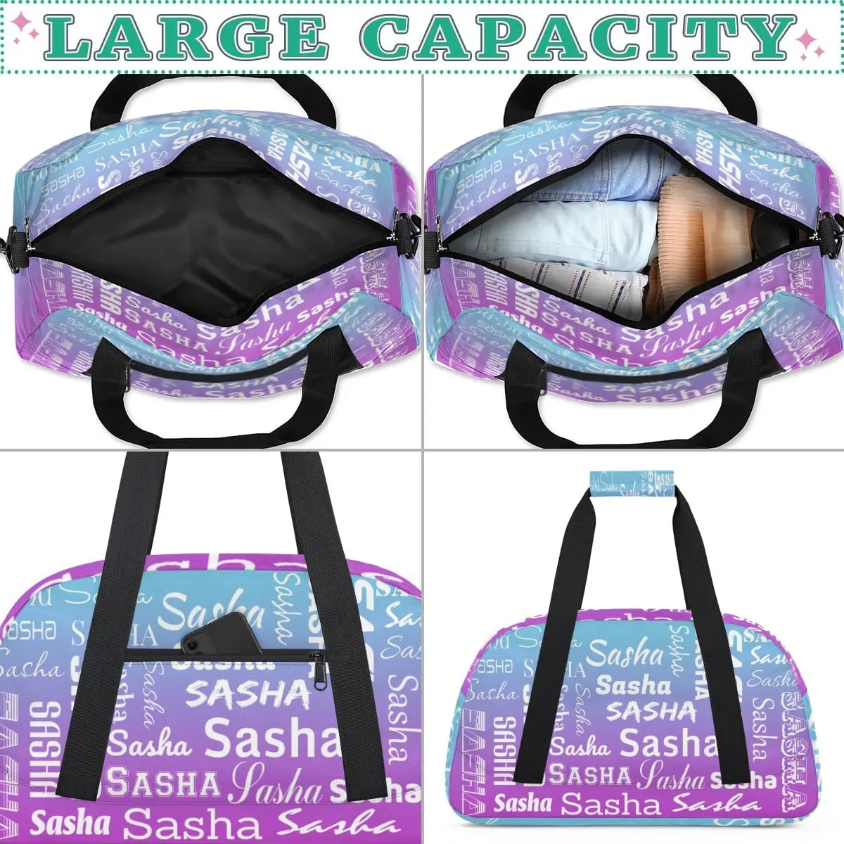 Personalized Name Dance Gymnastics Bags, Custom Duffel Bag Cheer Bags, Custom Sport Duffel Gym Bags Blue Purple Gradient Travel Weekender Bags