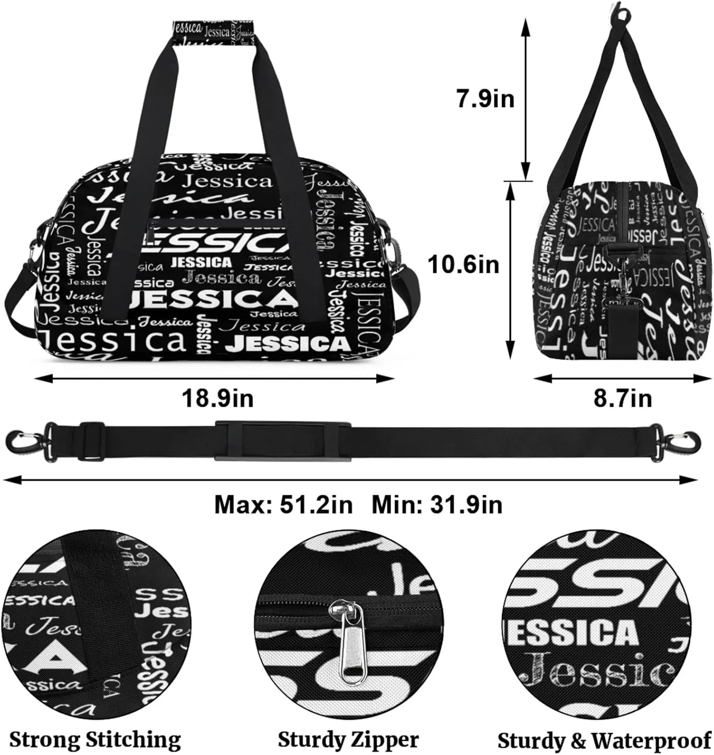Personalized Name Dance Sports Duffel Bags, Gym Duffel Bag Sleepover Weekender Training Bags Travel Duffel Bag, Black