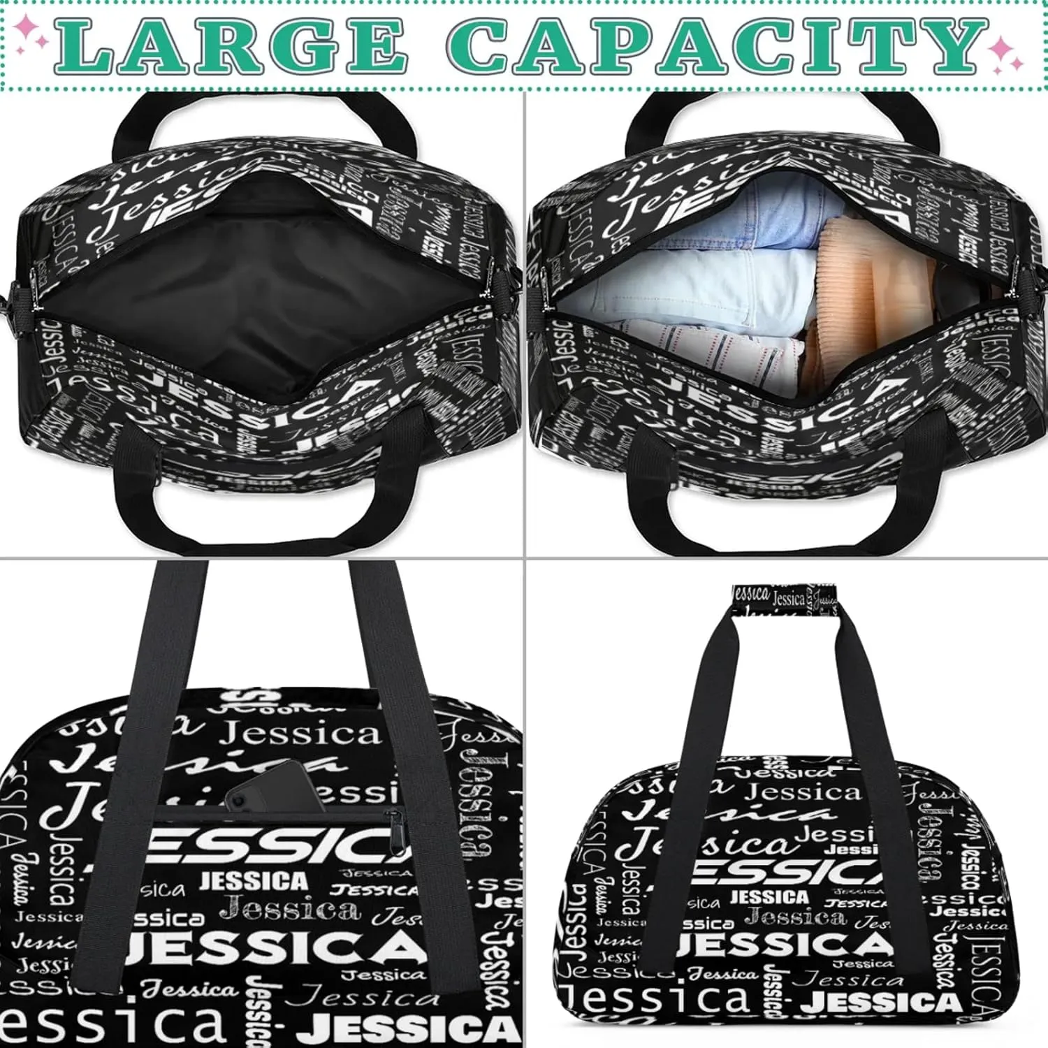 Personalized Name Dance Sports Duffel Bags, Gym Duffel Bag Sleepover Weekender Training Bags Travel Duffel Bag, Black