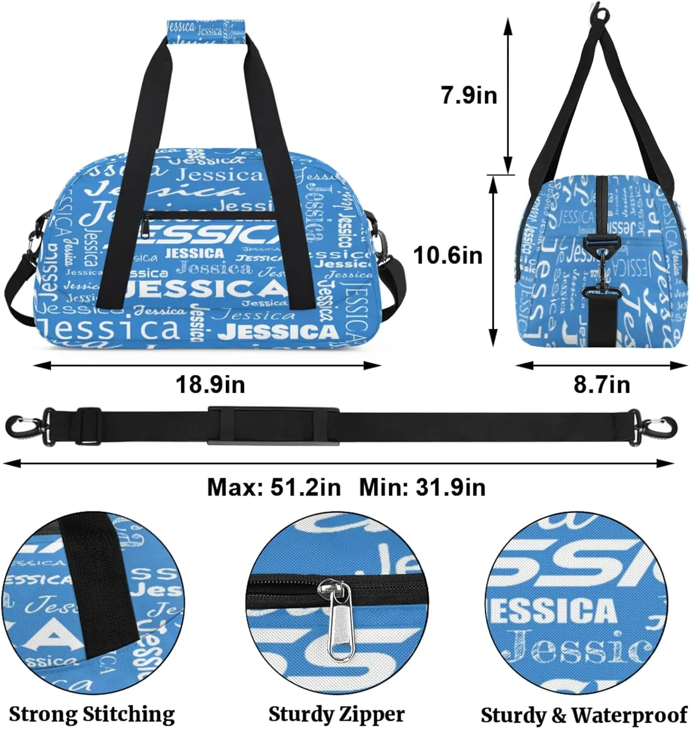 Personalized Name Dance Sports Duffel Bags, Gym Duffel Bag Sleepover Weekender Training Bags Travel Duffel Bag, Blue