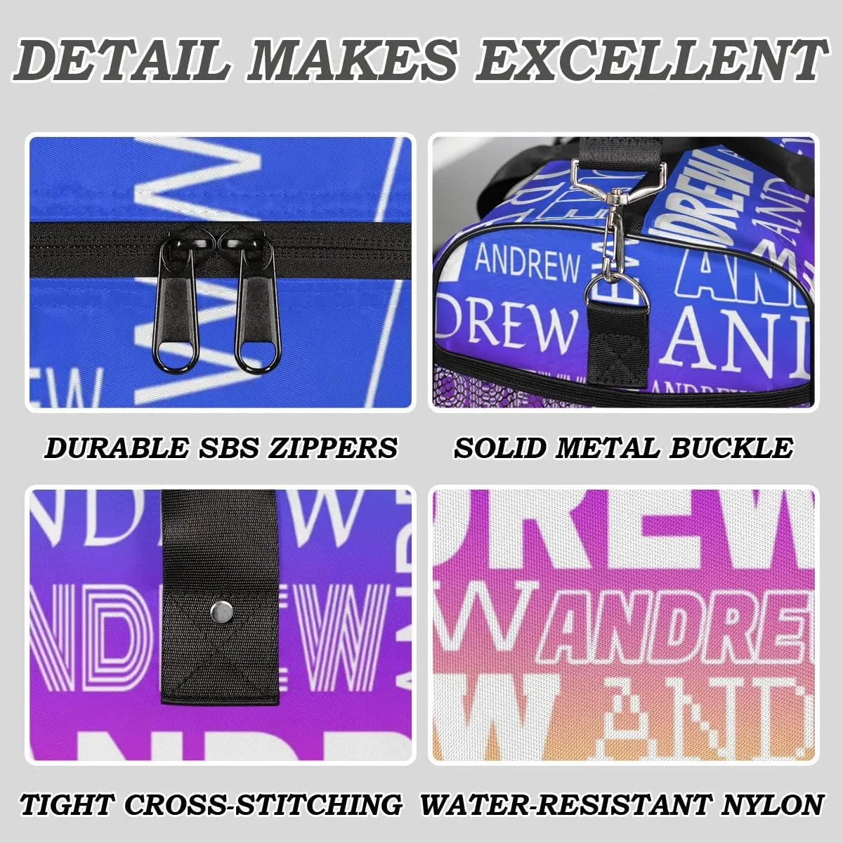 Personalized Name Duffel Bag Sports Gym Bag Dance Duffel Bags with Name Travel Overnight Carry-On Duffel Bag for Women Men, Blue Purple Yellow