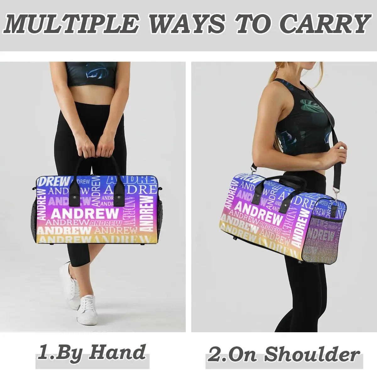 Personalized Name Duffel Bag Sports Gym Bag Dance Duffel Bags with Name Travel Overnight Carry-On Duffel Bag for Women Men, Blue Purple Yellow