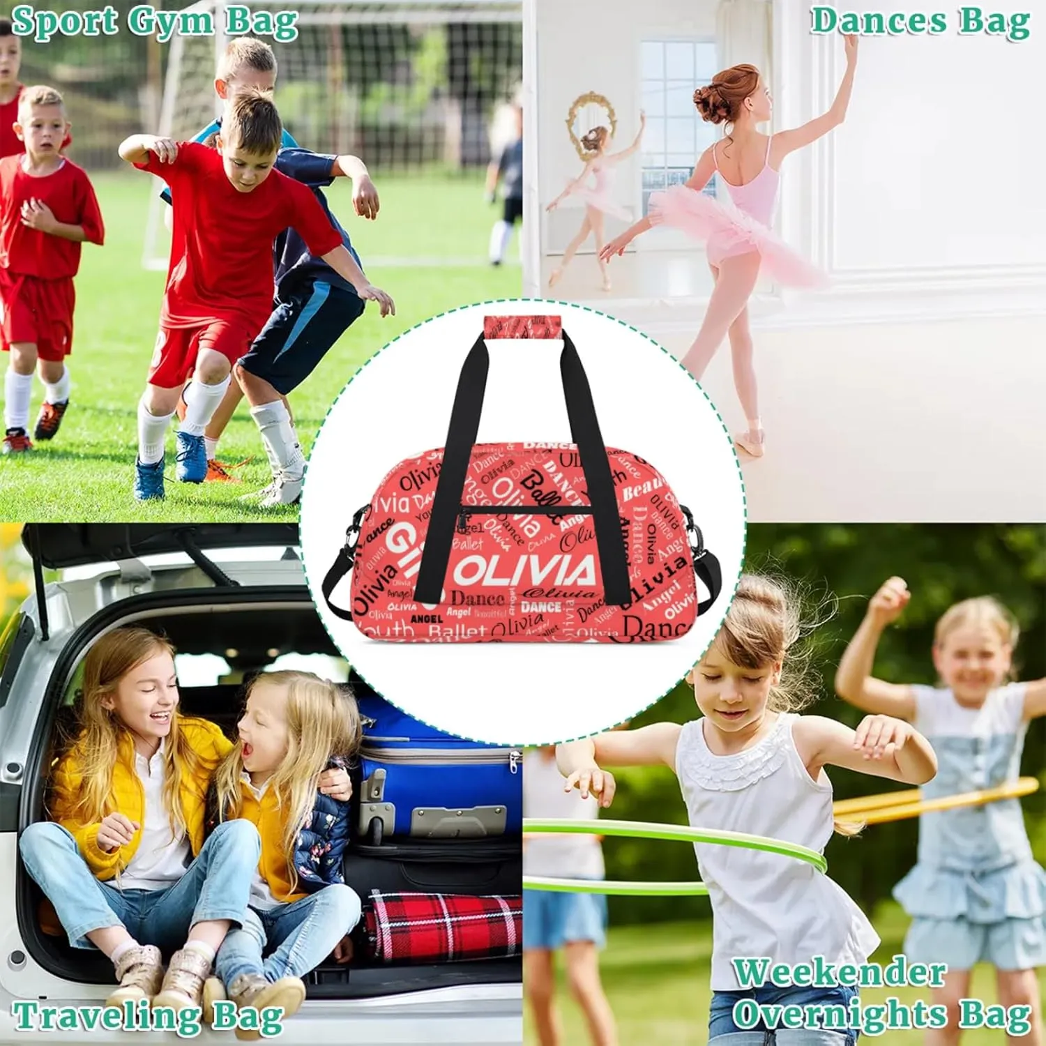 Personalized Name Gym Duffel Overnight Bag, Custom Ballet Dance Bag Weekender Duffel Bags for Travel, Coral Red