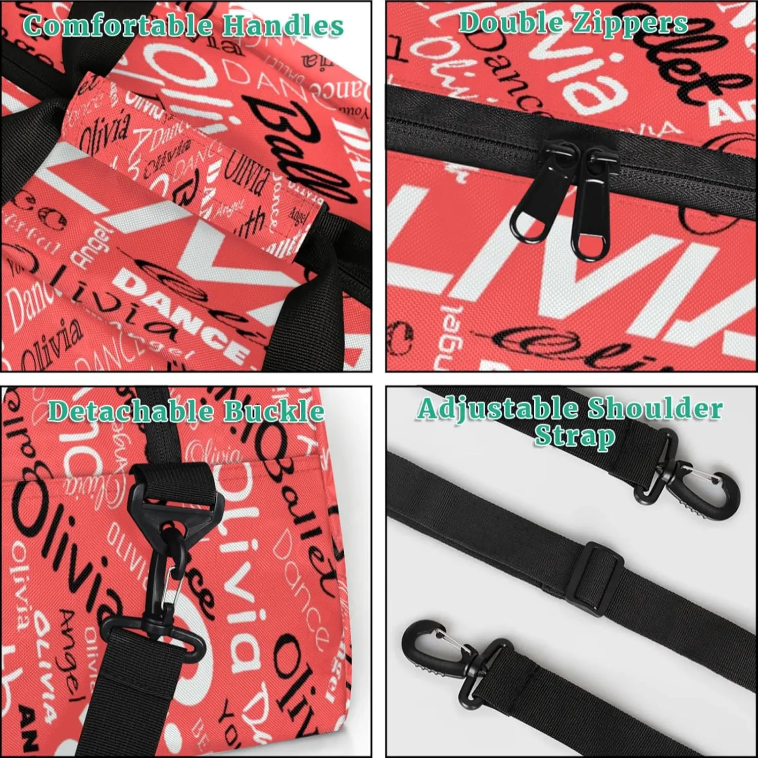 Personalized Name Gym Duffel Overnight Bag, Custom Ballet Dance Bag Weekender Duffel Bags for Travel, Coral Red