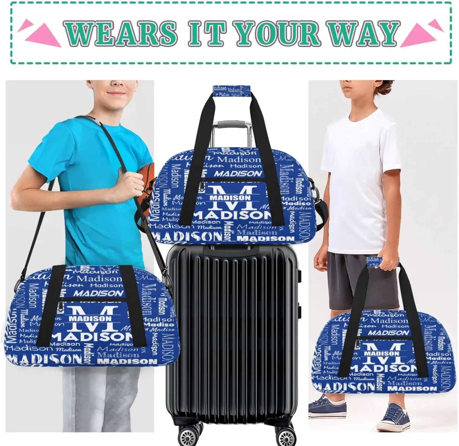 Personalized Name Sports Duffel Bags, Gym Dance Duffel Bag Sleepover Weekender Training Bags Travel Duffel Bag, Cobalt Blue
