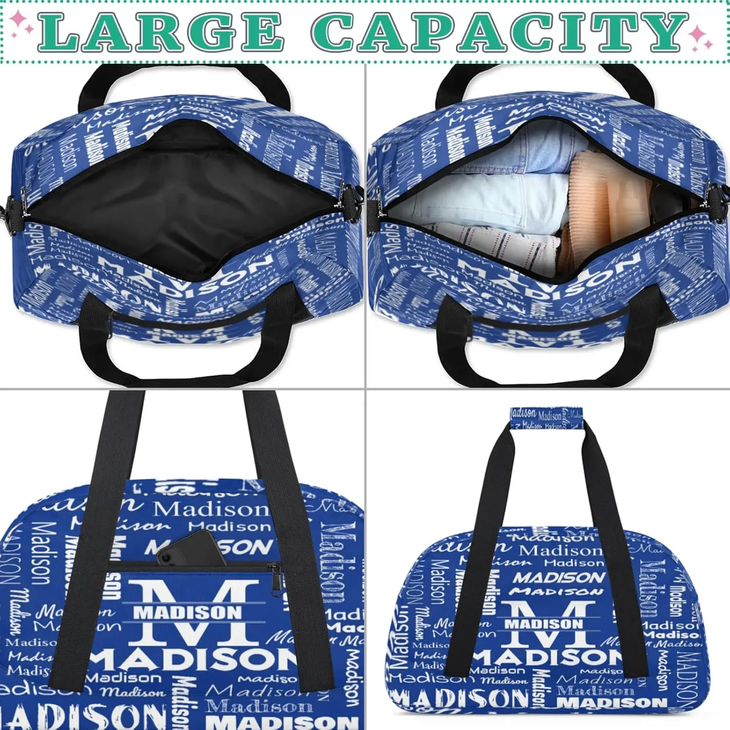 Personalized Name Sports Duffel Bags, Gym Dance Duffel Bag Sleepover Weekender Training Bags Travel Duffel Bag, Cobalt Blue