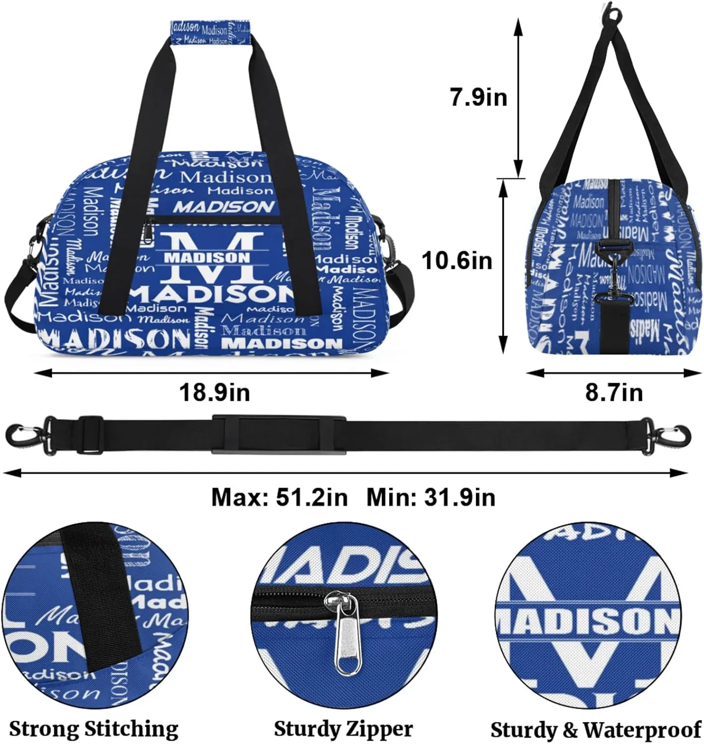 Personalized Name Sports Duffel Bags, Gym Dance Duffel Bag Sleepover Weekender Training Bags Travel Duffel Bag, Cobalt Blue