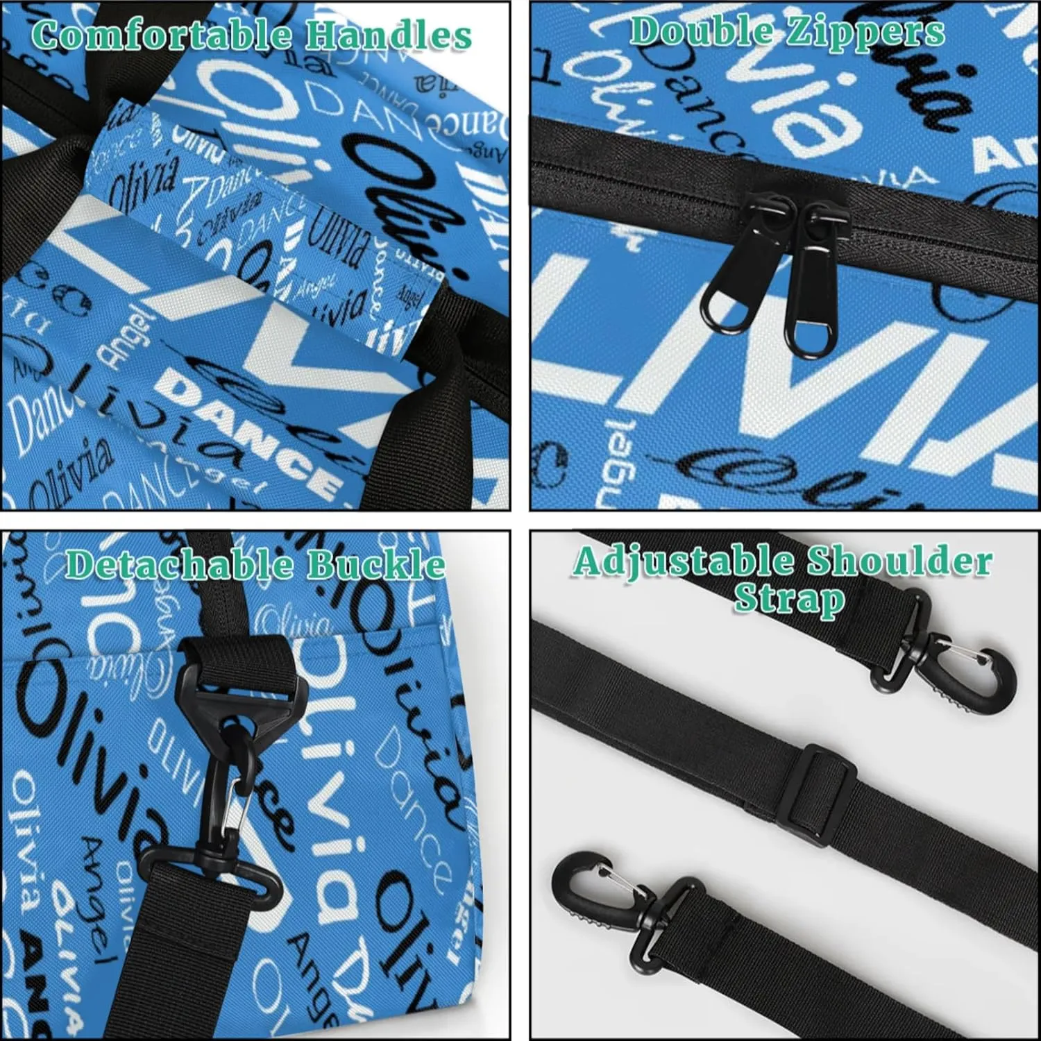 Personalized Name Sports Gym Duffel Bag, Custom Dance Bag Overnight Weekender Duffel Bags for Travel, Blue