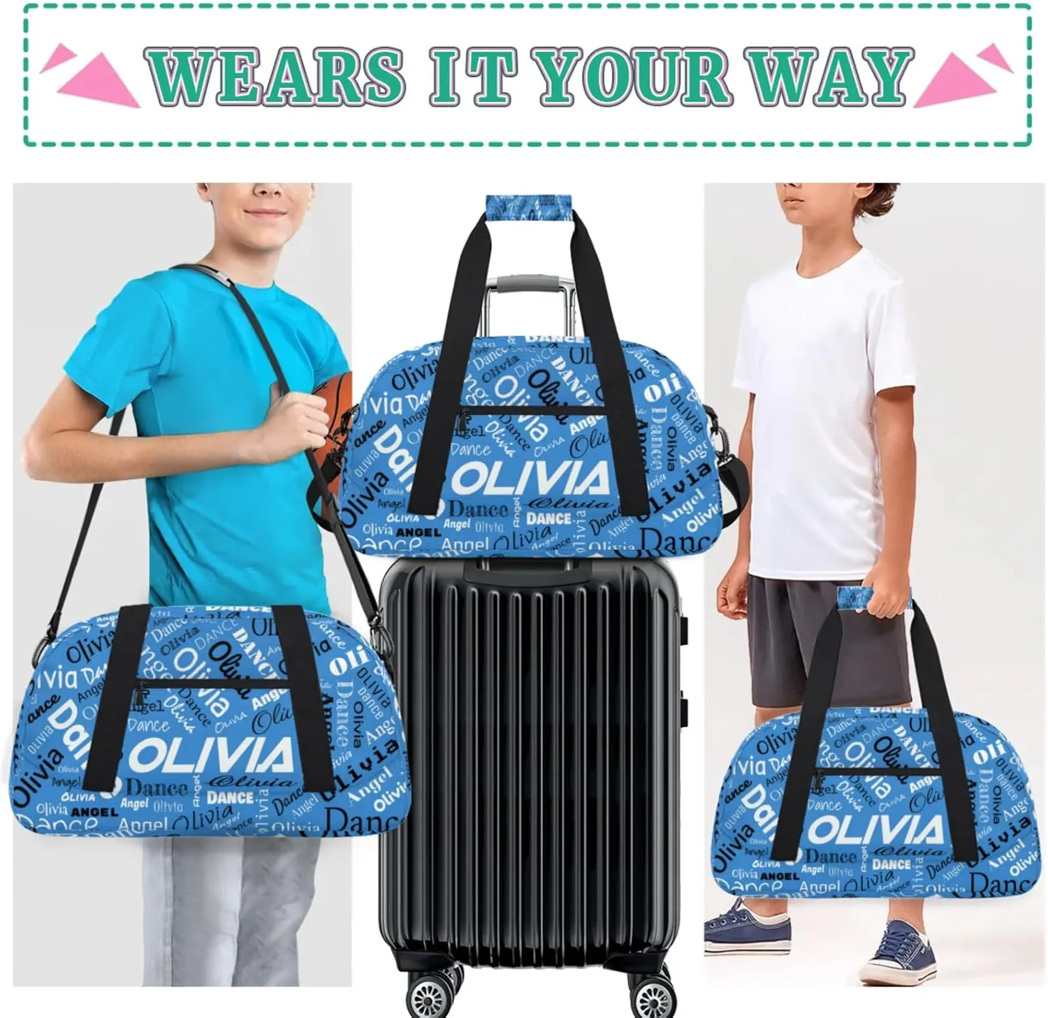 Personalized Name Sports Gym Duffel Bag, Custom Dance Bag Overnight Weekender Duffel Bags for Travel, Blue