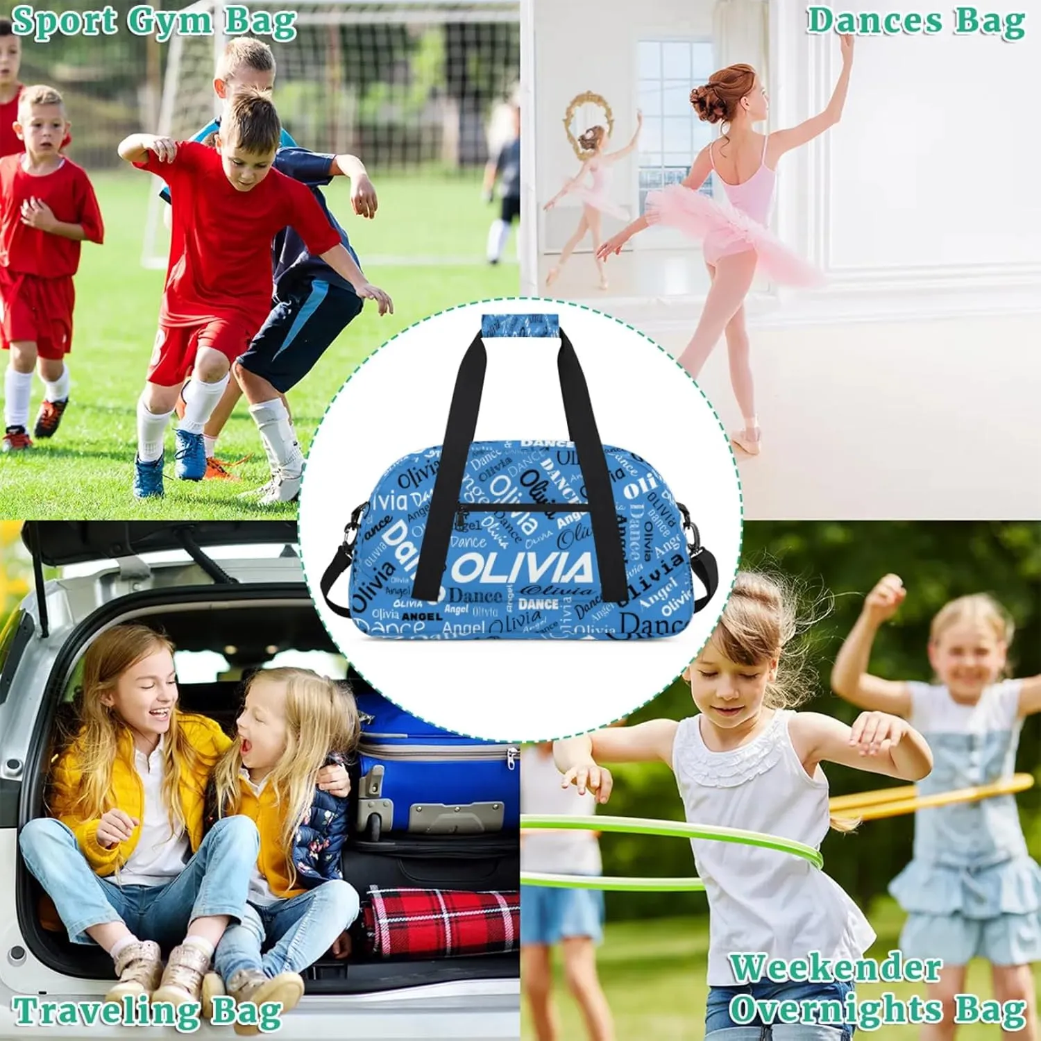 Personalized Name Sports Gym Duffel Bag, Custom Dance Bag Overnight Weekender Duffel Bags for Travel, Blue