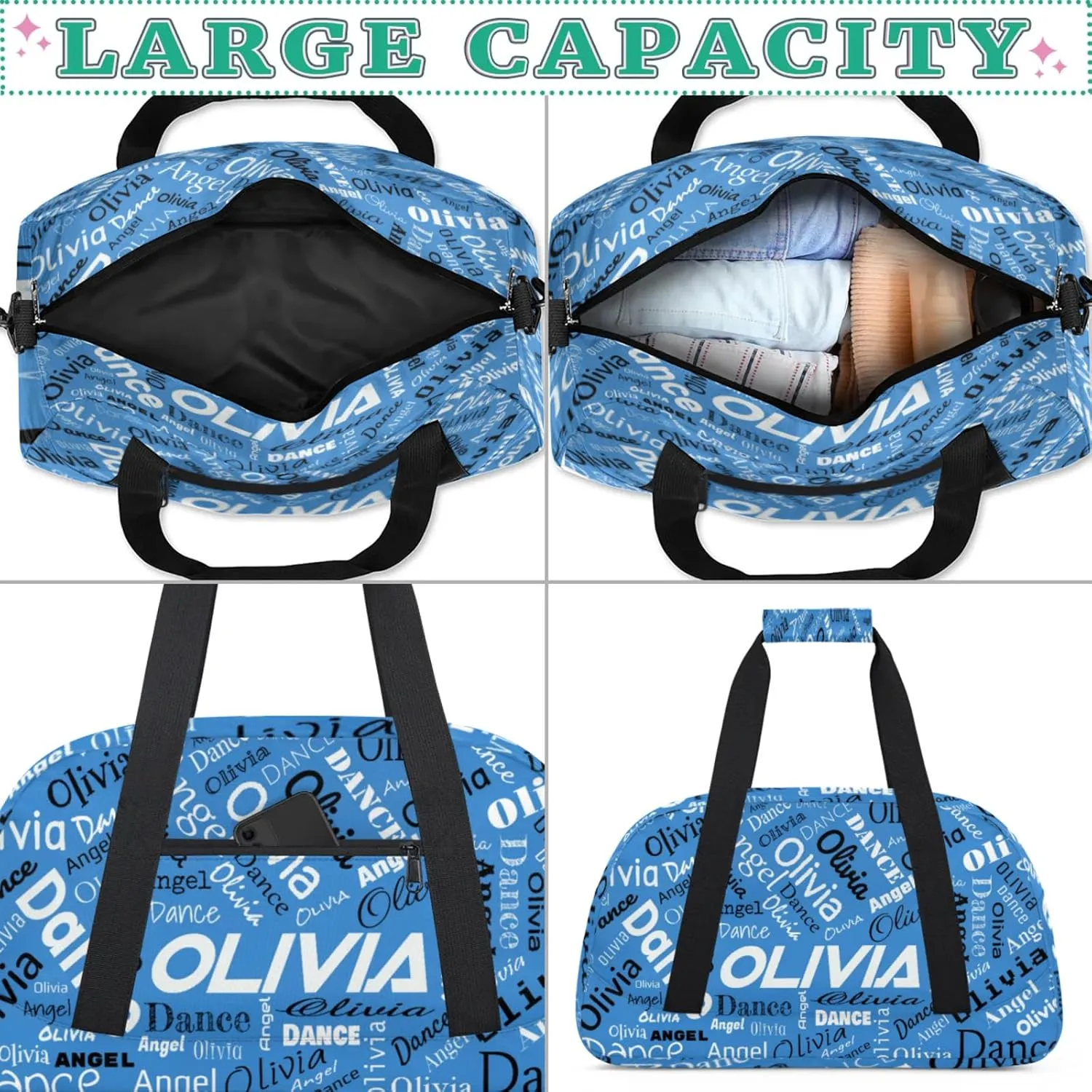 Personalized Name Sports Gym Duffel Bag, Custom Dance Bag Overnight Weekender Duffel Bags for Travel, Blue
