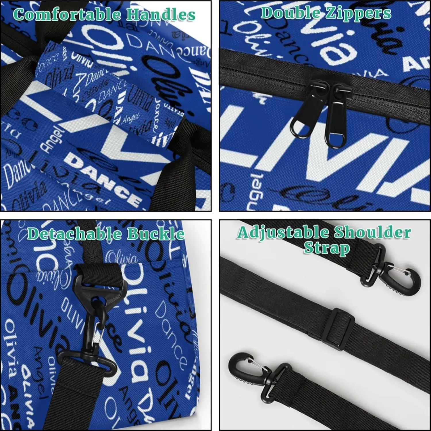 Personalized Name Sports Gym Duffel Bag, Custom Dance Bag Overnight Weekender Duffel Bags for Travel, Cobalt Blue