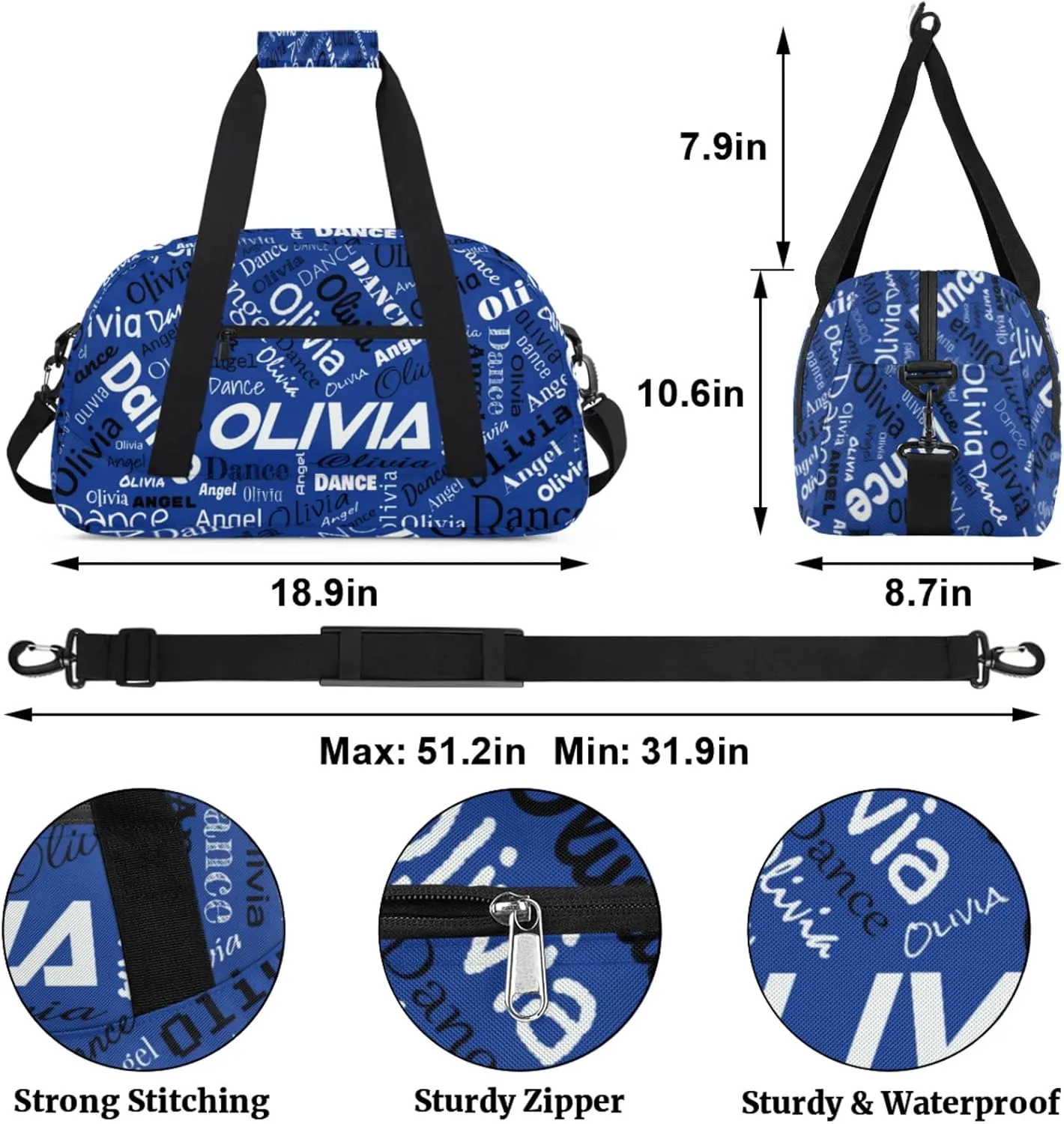 Personalized Name Sports Gym Duffel Bag, Custom Dance Bag Overnight Weekender Duffel Bags for Travel, Cobalt Blue