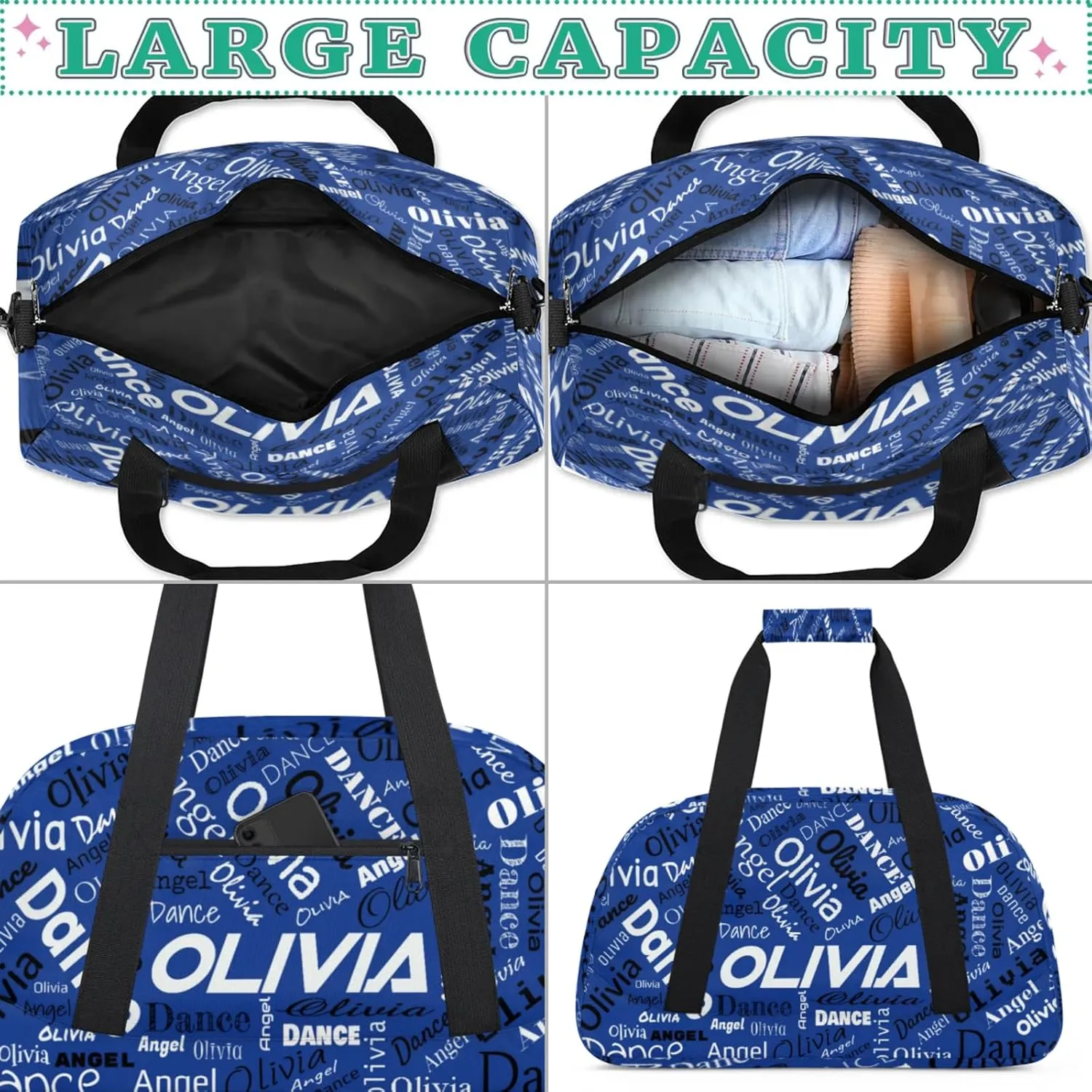 Personalized Name Sports Gym Duffel Bag, Custom Dance Bag Overnight Weekender Duffel Bags for Travel, Cobalt Blue
