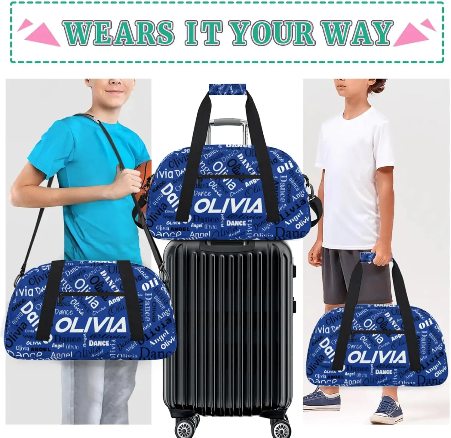 Personalized Name Sports Gym Duffel Bag, Custom Dance Bag Overnight Weekender Duffel Bags for Travel, Cobalt Blue