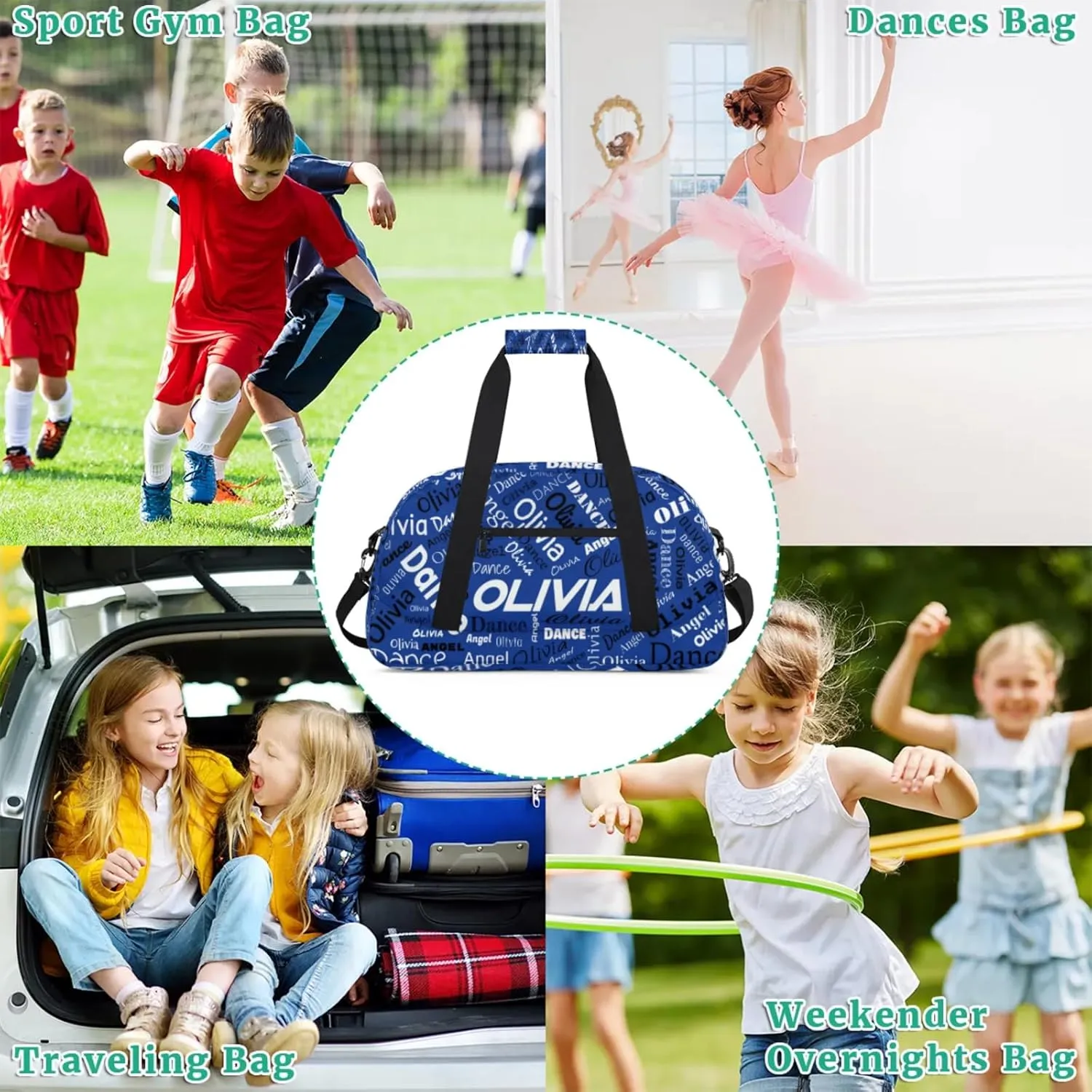 Personalized Name Sports Gym Duffel Bag, Custom Dance Bag Overnight Weekender Duffel Bags for Travel, Cobalt Blue