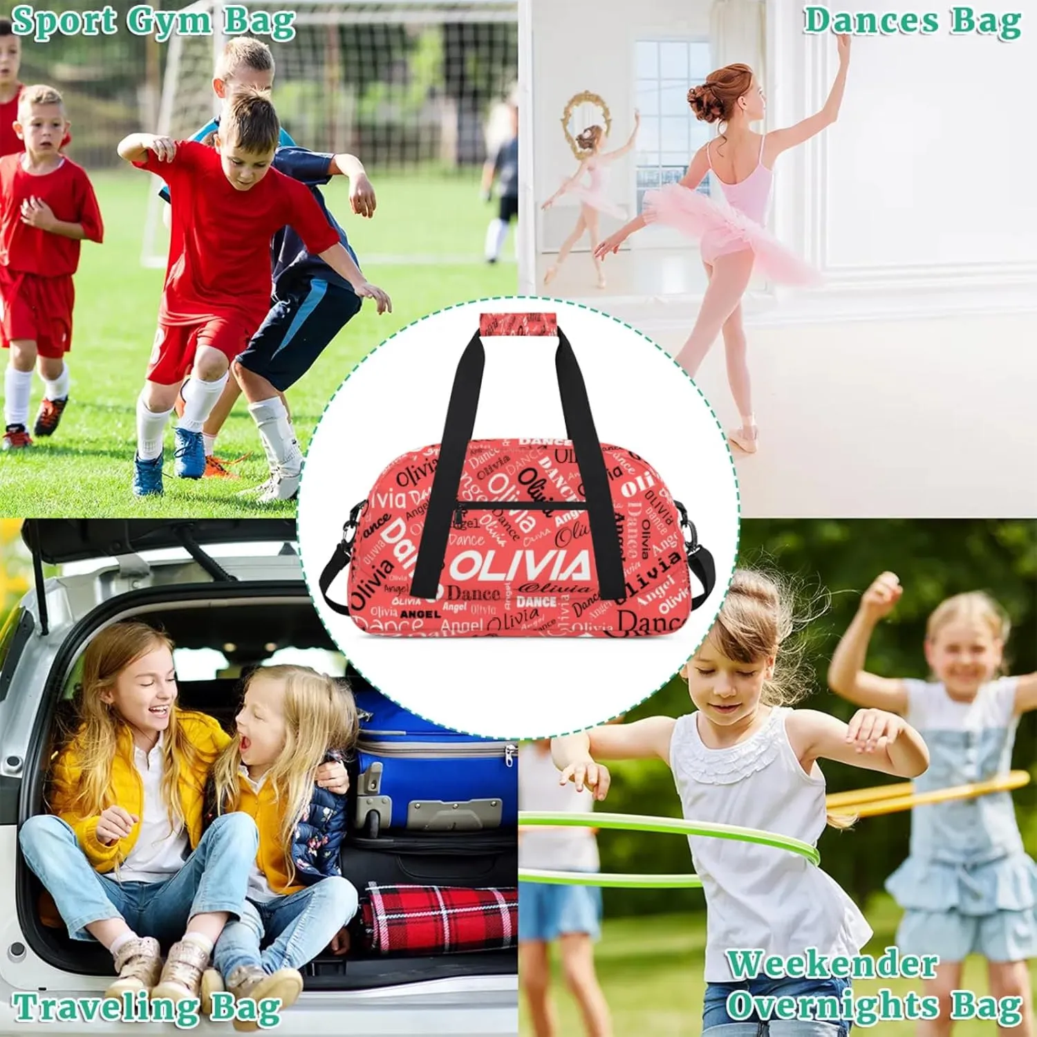 Personalized Name Sports Gym Duffel Bag, Custom Dance Bag Overnight Weekender Duffel Bags for Travel, Coral Red