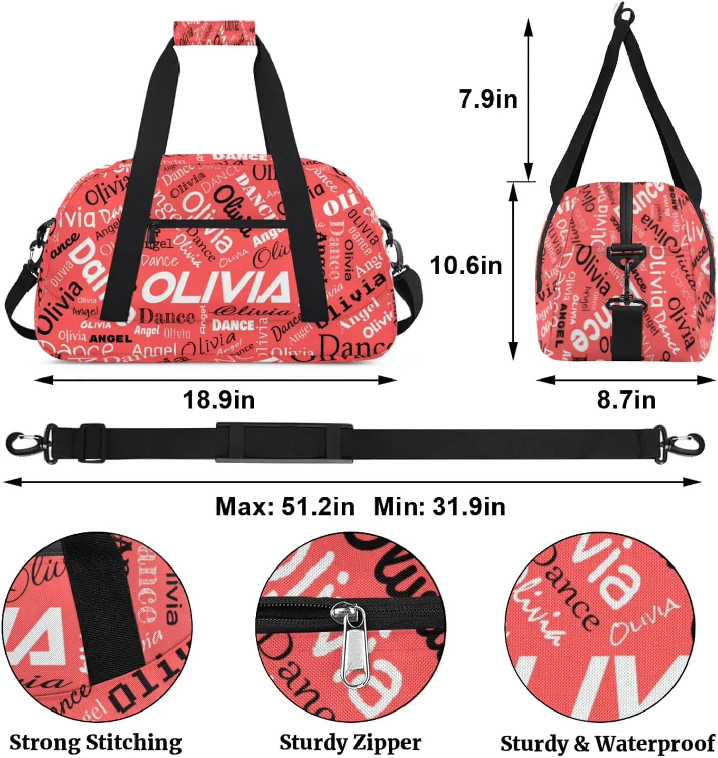 Personalized Name Sports Gym Duffel Bag, Custom Dance Bag Overnight Weekender Duffel Bags for Travel, Coral Red