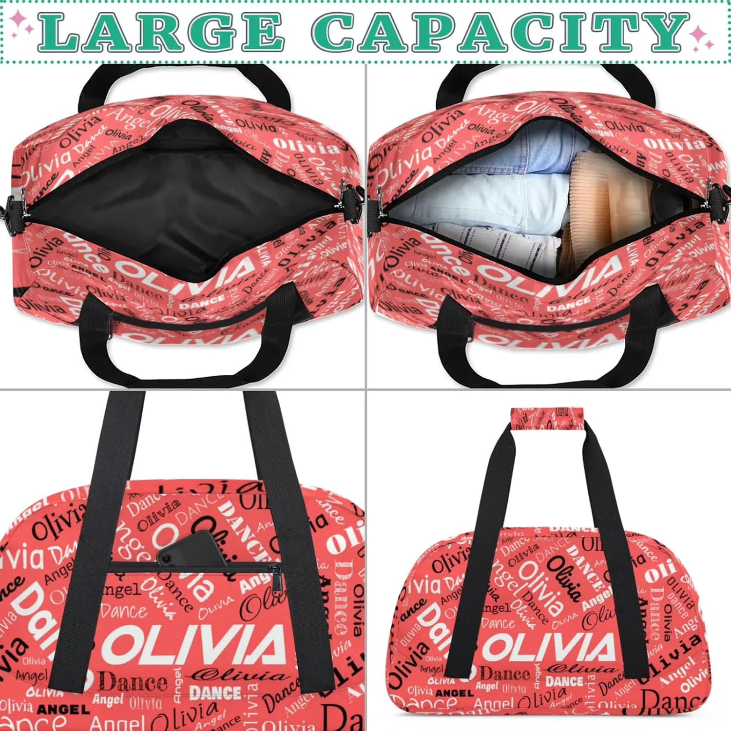 Personalized Name Sports Gym Duffel Bag, Custom Dance Bag Overnight Weekender Duffel Bags for Travel, Coral Red