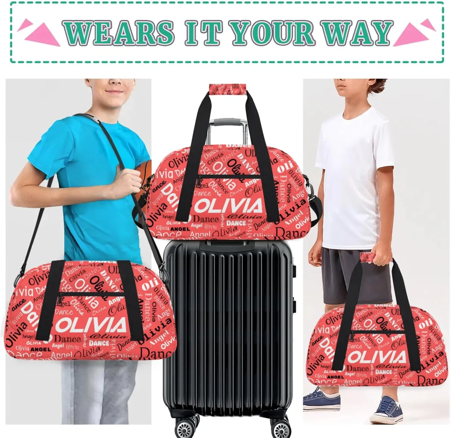 Personalized Name Sports Gym Duffel Bag, Custom Dance Bag Overnight Weekender Duffel Bags for Travel, Coral Red