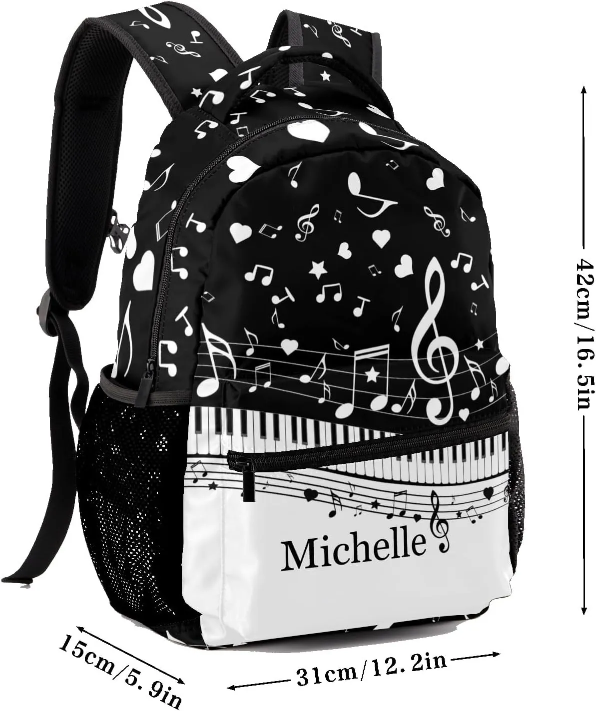 Personalized Piano Key Music Notes Black Waterproof School Backpack Custom Travel Bookbags for Gift