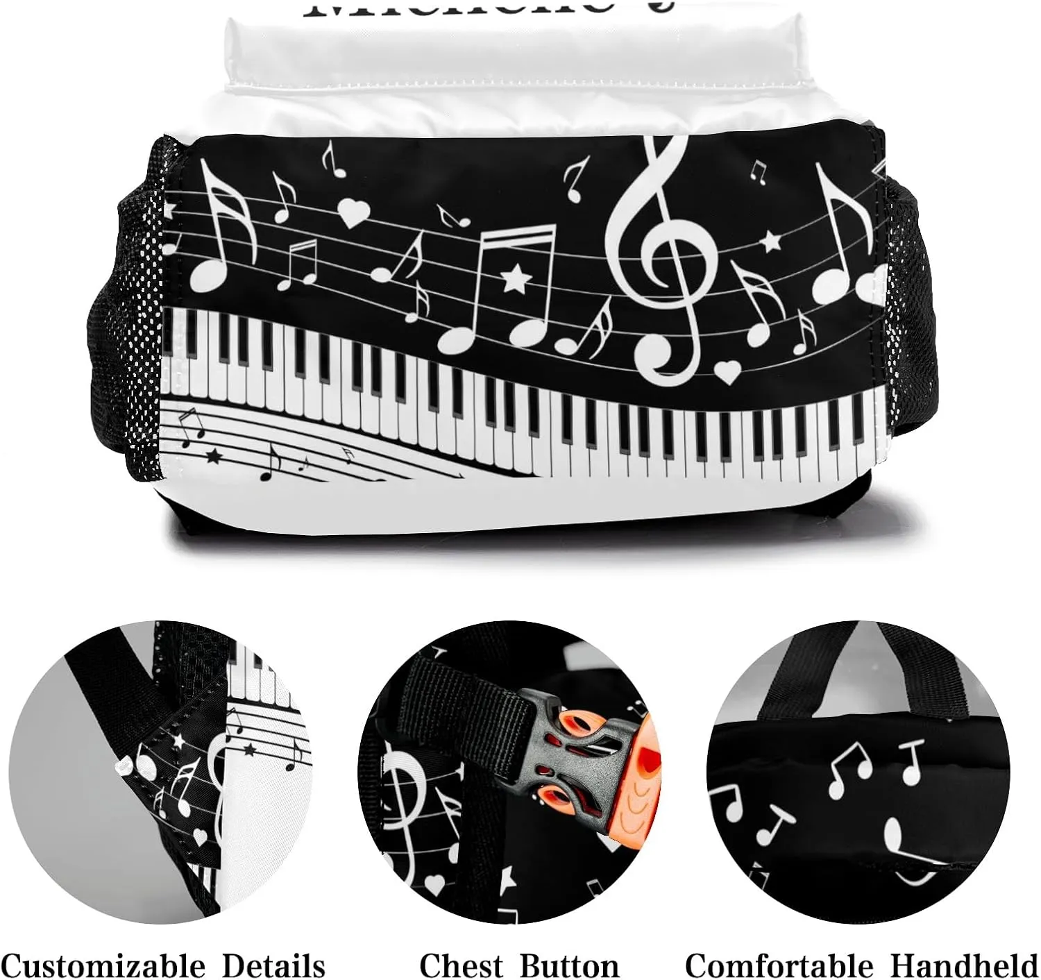 Personalized Piano Key Music Notes Black Waterproof School Backpack Custom Travel Bookbags for Gift