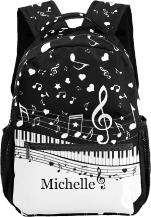 Personalized Piano Key Music Notes Black Waterproof School Backpack Custom Travel Bookbags for Gift