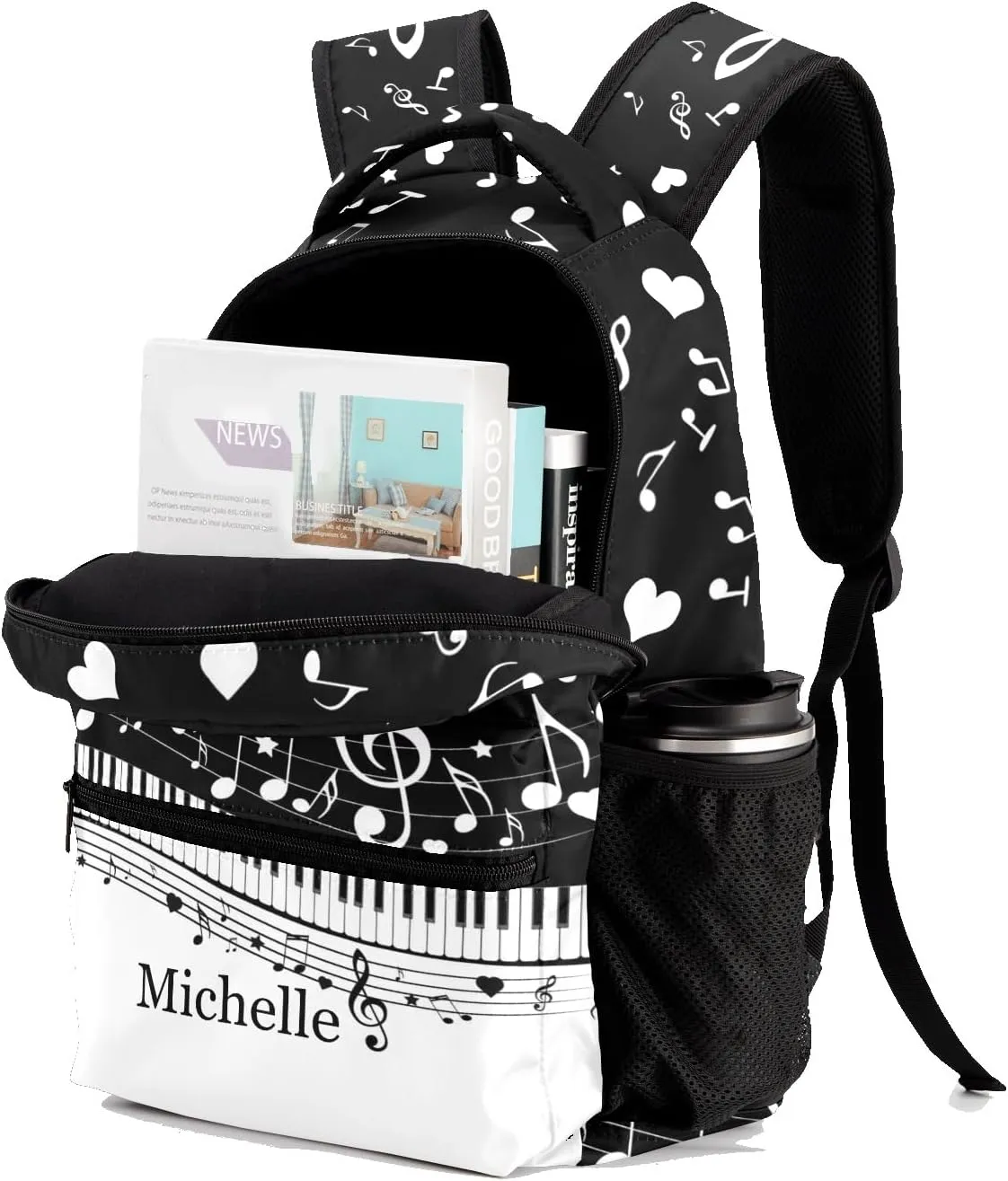 Personalized Piano Key Music Notes Black Waterproof School Backpack Custom Travel Bookbags for Gift