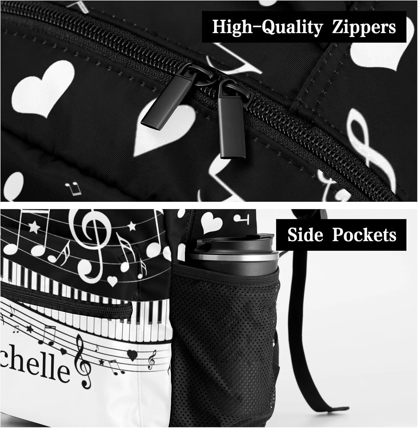 Personalized Piano Key Music Notes Black Waterproof School Backpack Custom Travel Bookbags for Gift