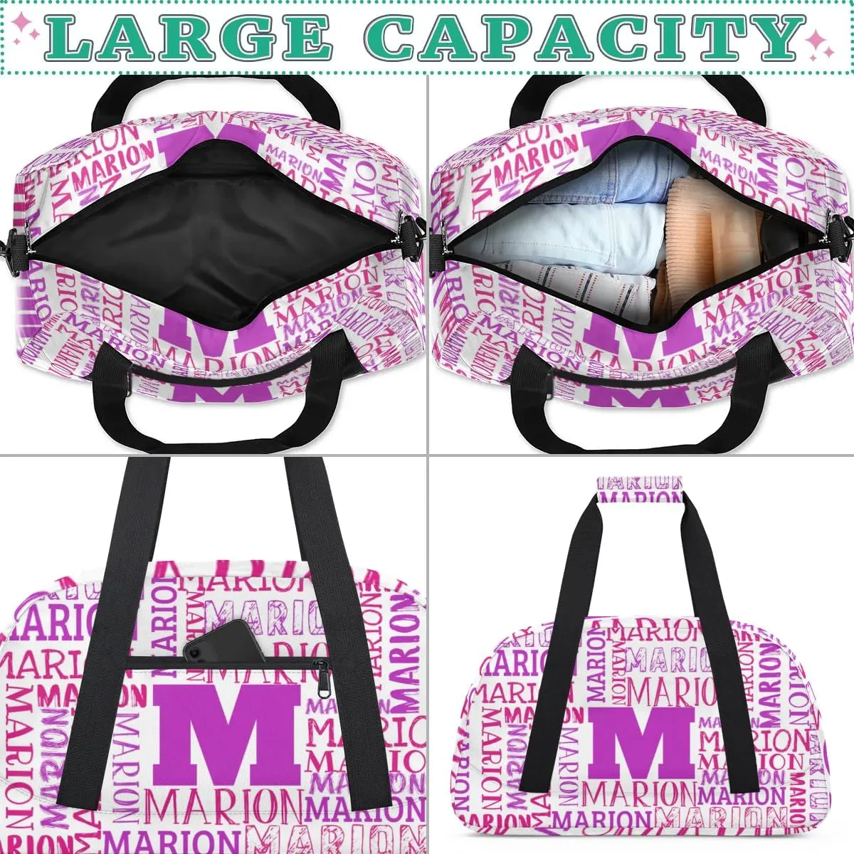 Personalized Sport Gym Bag Duffel Bag for Boys Girls, Custom Name Dance Bag Weekender Bags Travel Duffel Bag Tote Bag for Kids Pink Purple