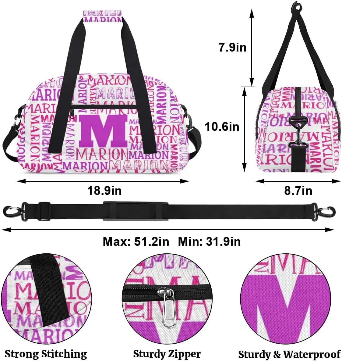 Personalized Sport Gym Bag Duffel Bag for Boys Girls, Custom Name Dance Bag Weekender Bags Travel Duffel Bag Tote Bag for Kids Pink Purple