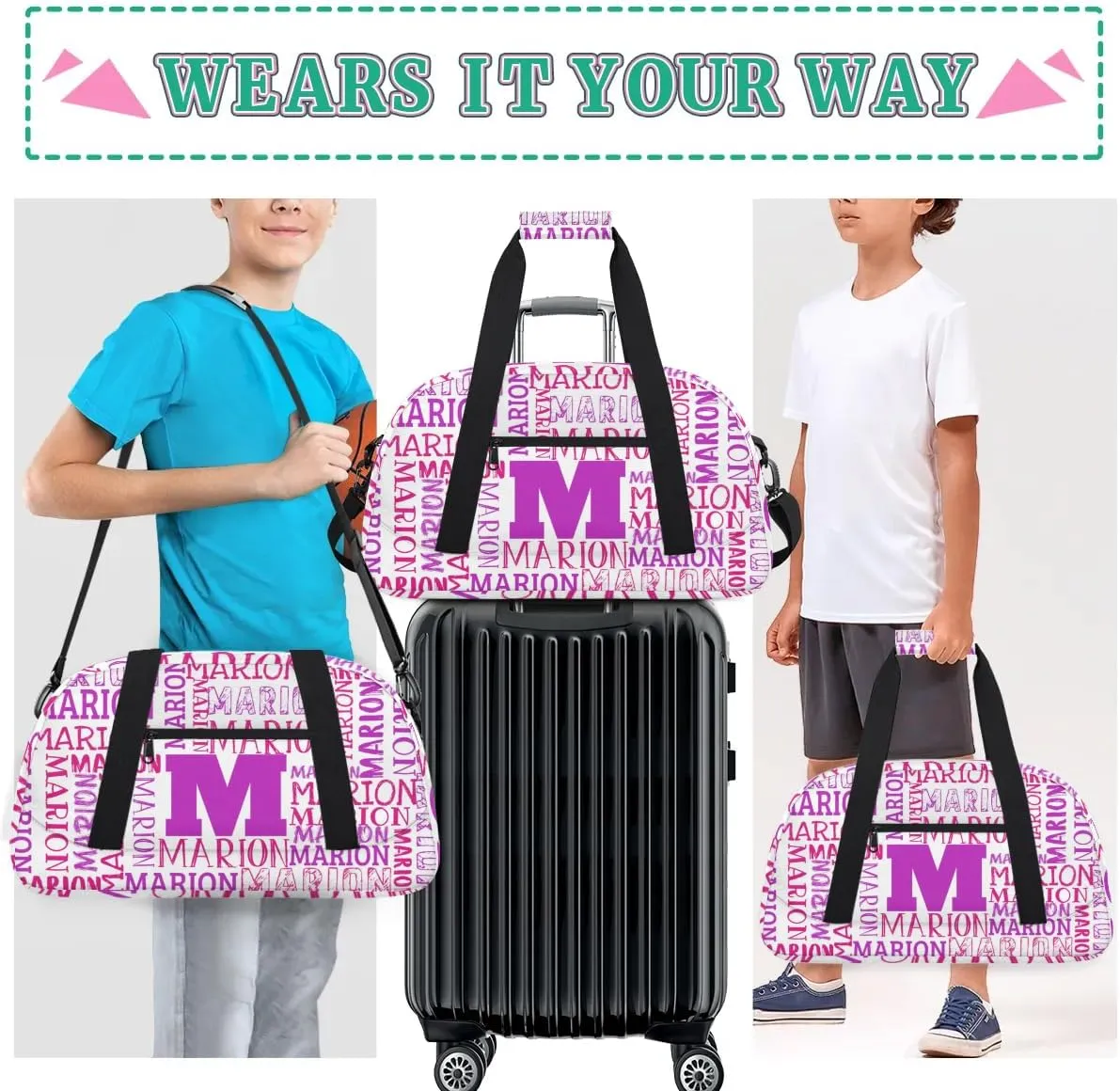 Personalized Sport Gym Bag Duffel Bag for Boys Girls, Custom Name Dance Bag Weekender Bags Travel Duffel Bag Tote Bag for Kids Pink Purple