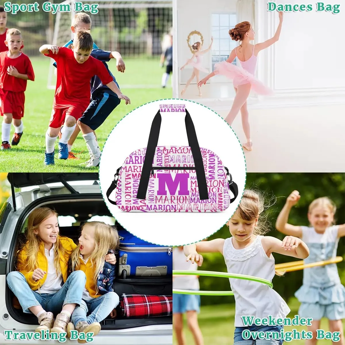 Personalized Sport Gym Bag Duffel Bag for Boys Girls, Custom Name Dance Bag Weekender Bags Travel Duffel Bag Tote Bag for Kids Pink Purple