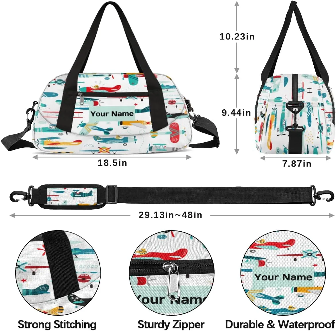 Personalized Sports Duffel Bag for Kids, Custom Dance Bag Gym Bag for Girls, Weekender Bags Travel Duffle Bag for Boys, Cartoon Airplane Aircraft Themed