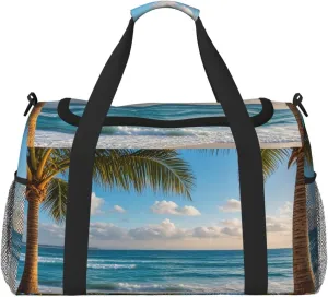 Personalized Sports Duffel Bags Gym Bag Dance Bag, Personalized Custom Travel Duffle Bag Tote Bag, Customized Travel Bag Overnight Weekender Sleepover Bag, Beach Coconut Trees Print