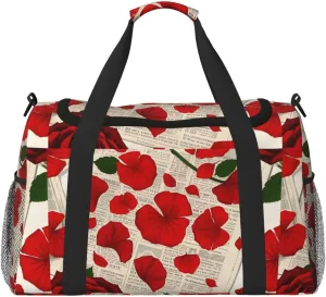 Personalized Sports Duffel Bags Gym Bag Dance Bag, Personalized Custom Travel Duffle Bag Tote Bag, Customized Travel Bag Overnight Weekender Sleepover Bags, Rose Flowers Vintage Newspaper