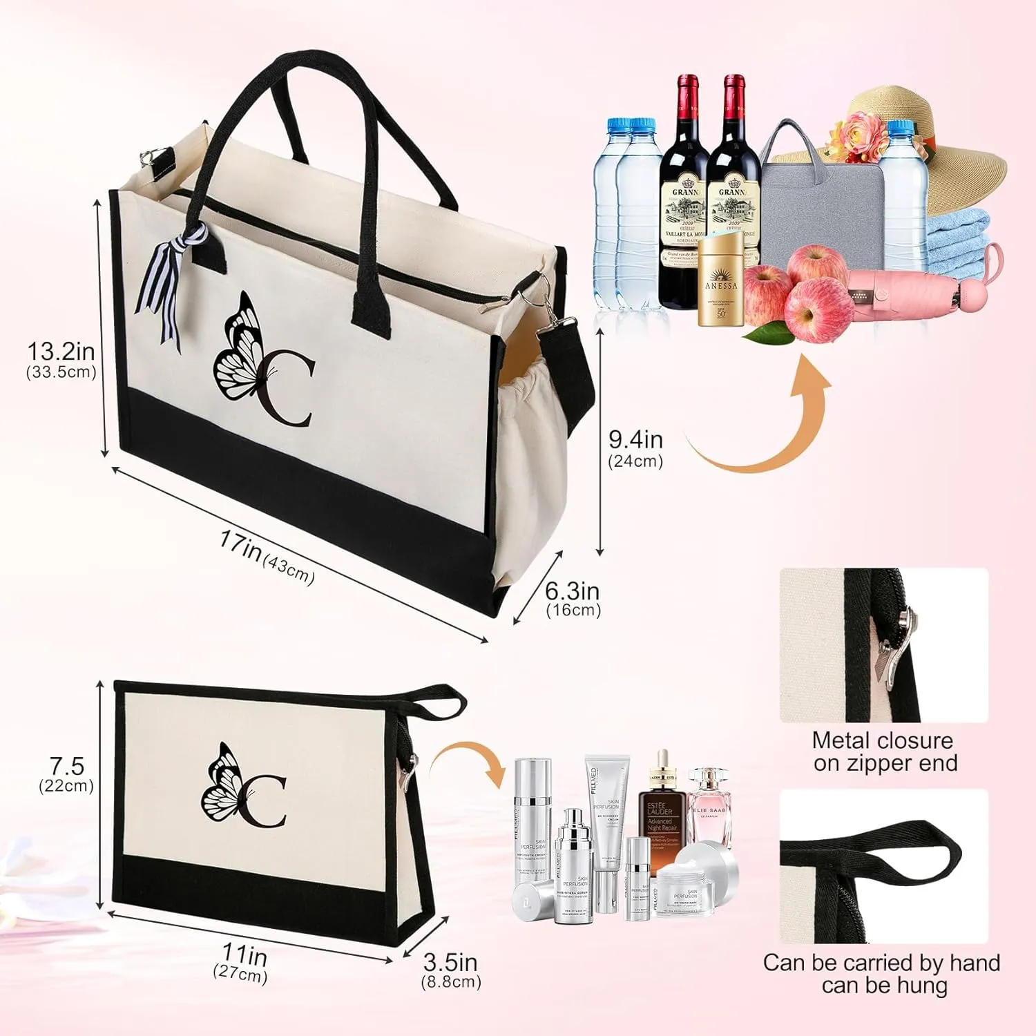 Personalized Totes for Women, Bride Beach Tote Bag with Zipper, Personalized Initials Monogrammed Birthday Gifts for Women, Bolsos de Mujer with Exquisite Butterfly Pattern (A)