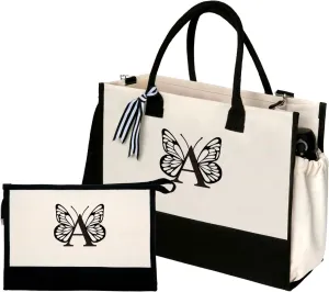 Personalized Totes for Women, Bride Beach Tote Bag with Zipper, Personalized Initials Monogrammed Birthday Gifts for Women, Bolsos de Mujer with Exquisite Butterfly Pattern (A)