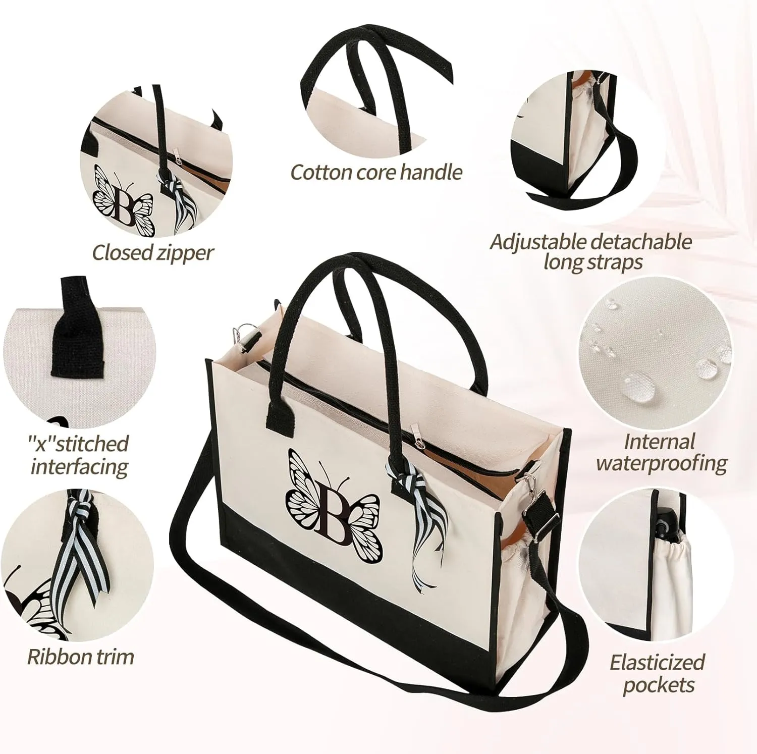 Personalized Totes for Women, Bride Beach Tote Bag with Zipper, Personalized Initials Monogrammed Birthday Gifts for Women, Bolsos de Mujer with Exquisite Butterfly Pattern (A)