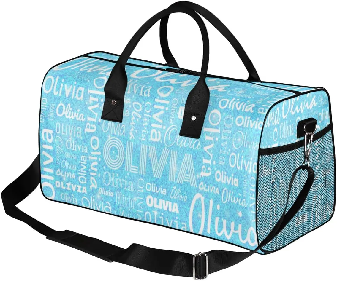 Personalized Travel Duffel Bag for Women Men, Custom Gym Duffel Bags with Name Cheer Sports Overnight Weekender Bags, Blue Sequins Birthday Gift