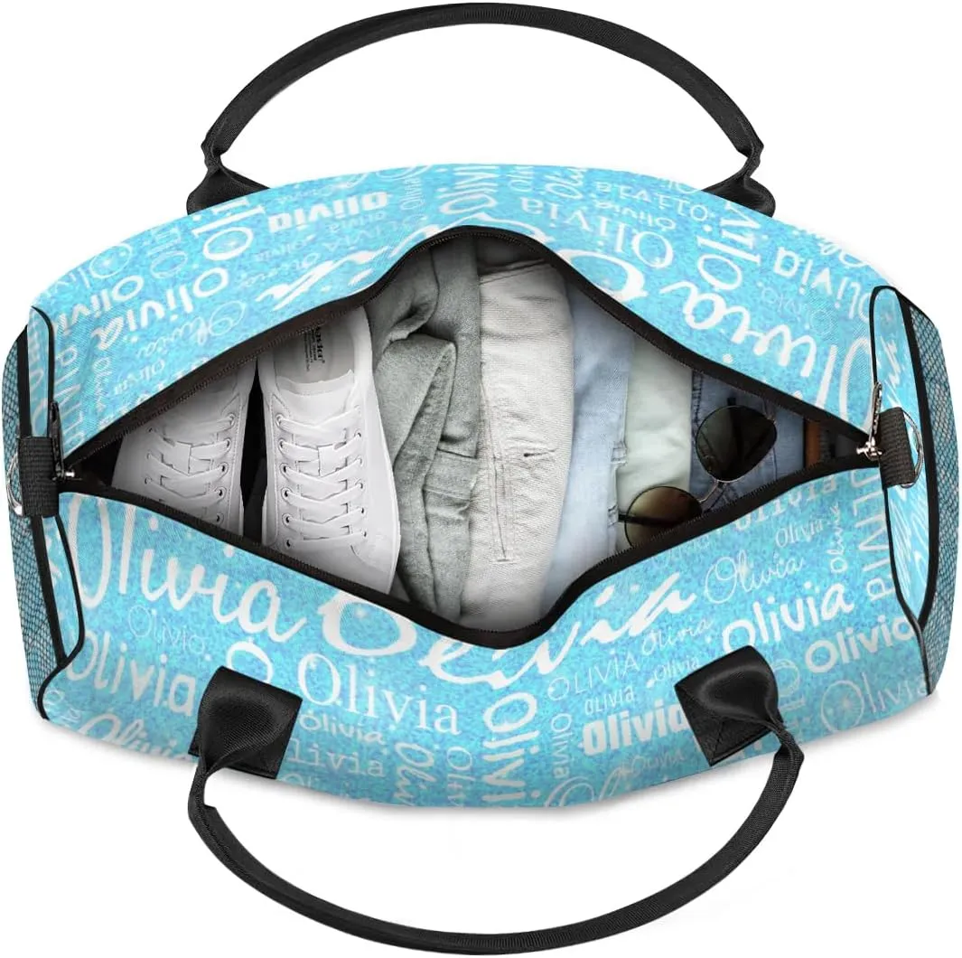 Personalized Travel Duffel Bag for Women Men, Custom Gym Duffel Bags with Name Cheer Sports Overnight Weekender Bags, Blue Sequins Birthday Gift