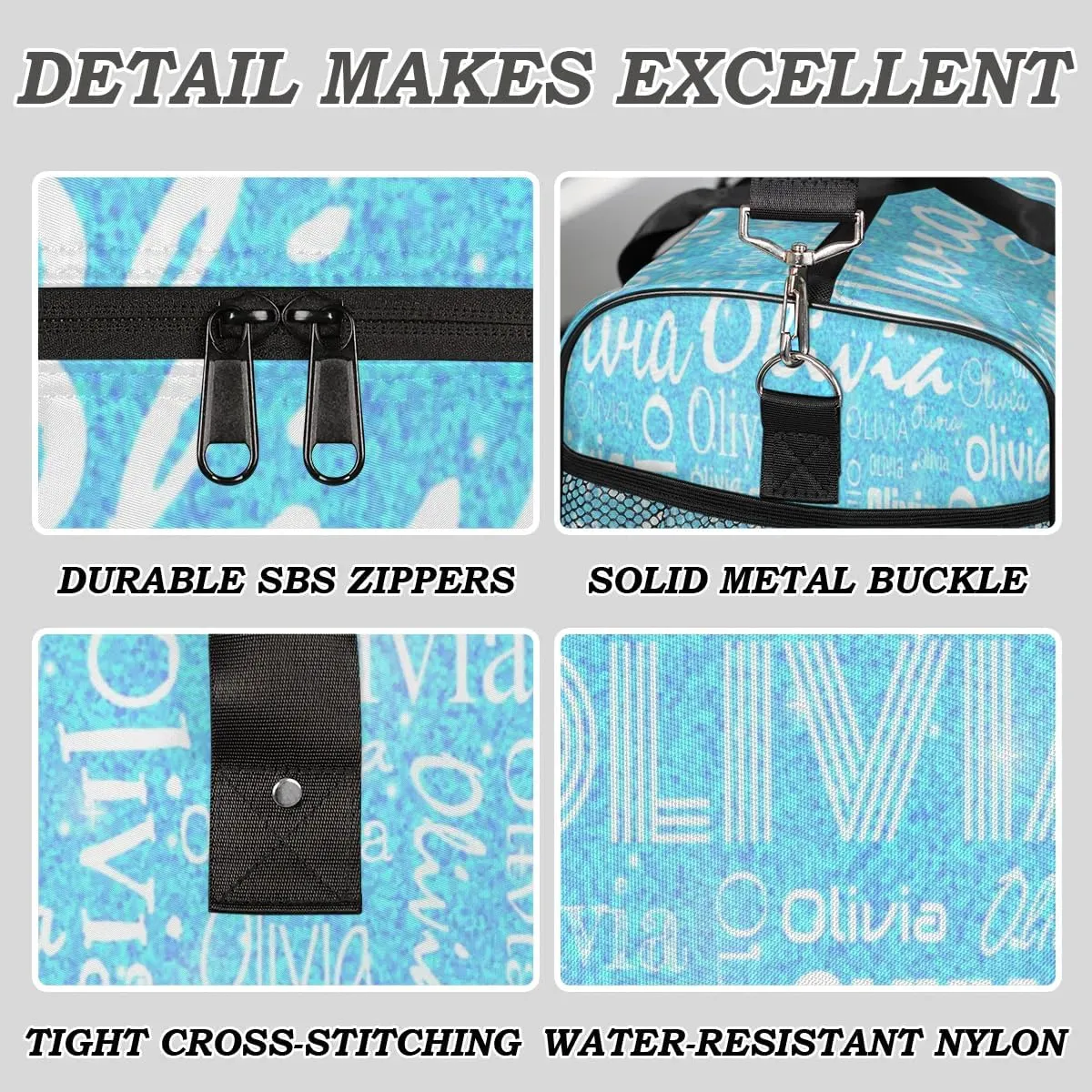 Personalized Travel Duffel Bag for Women Men, Custom Gym Duffel Bags with Name Cheer Sports Overnight Weekender Bags, Blue Sequins Birthday Gift