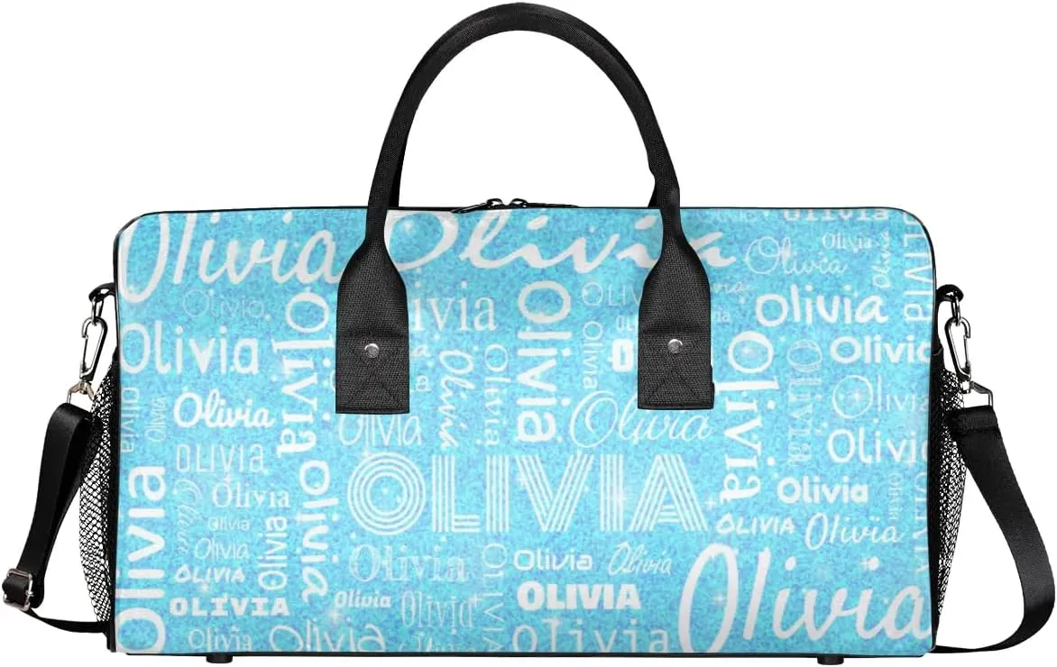 Personalized Travel Duffel Bag for Women Men, Custom Gym Duffel Bags with Name Cheer Sports Overnight Weekender Bags, Blue Sequins Birthday Gift