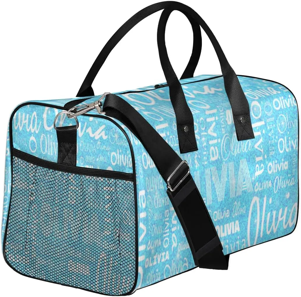 Personalized Travel Duffel Bag for Women Men, Custom Gym Duffel Bags with Name Cheer Sports Overnight Weekender Bags, Blue Sequins Birthday Gift