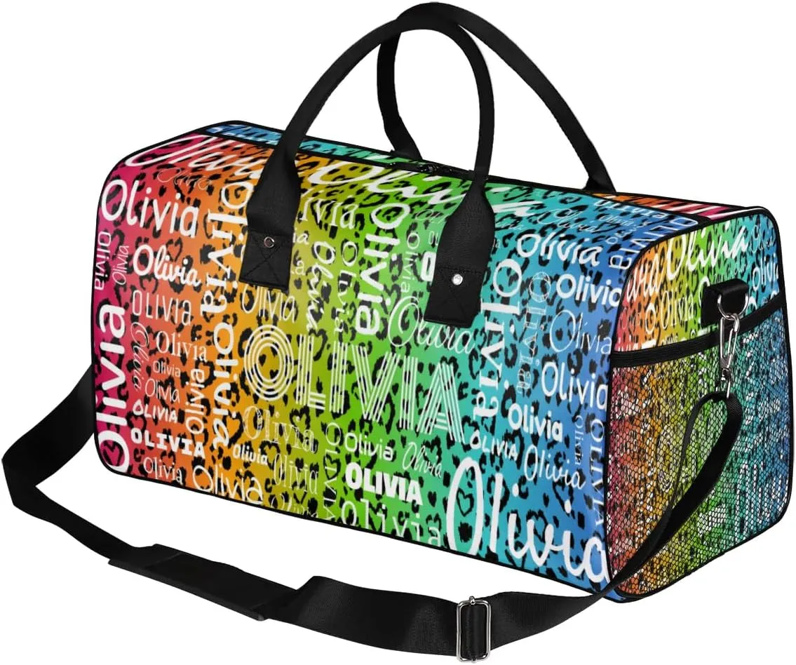 Personalized Travel Duffel Bag for Women Men, Custom Gym Duffel Bags with Name Cheer Sports Overnight Weekender Bags, Colorful Leopard Print Birthday Gift
