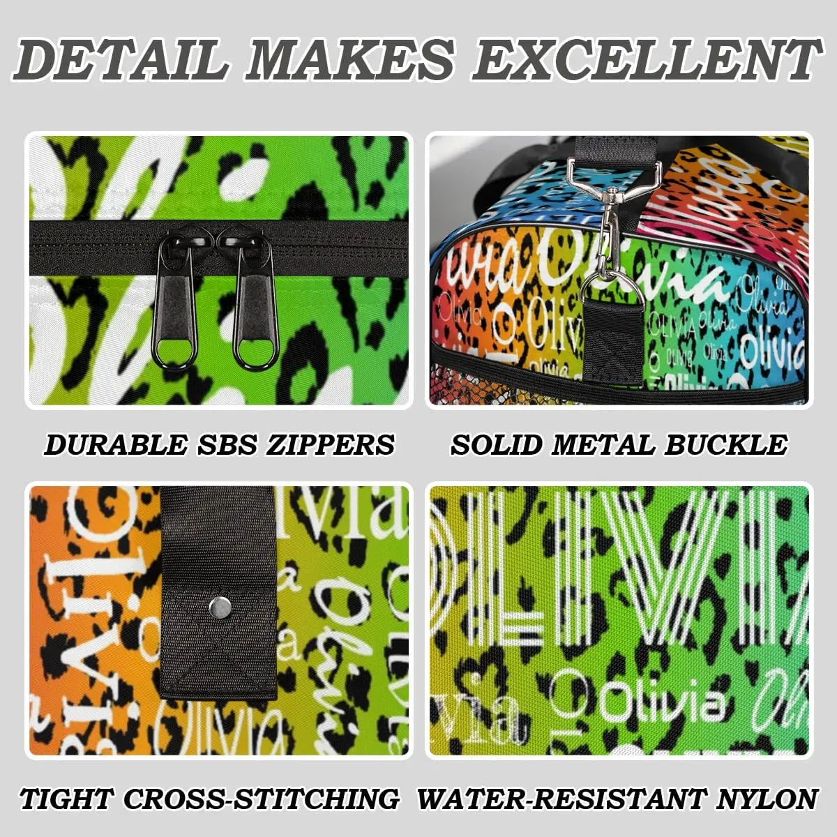 Personalized Travel Duffel Bag for Women Men, Custom Gym Duffel Bags with Name Cheer Sports Overnight Weekender Bags, Colorful Leopard Print Birthday Gift