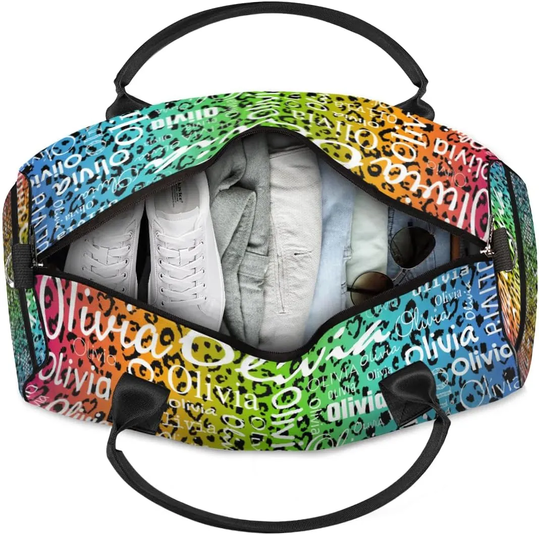 Personalized Travel Duffel Bag for Women Men, Custom Gym Duffel Bags with Name Cheer Sports Overnight Weekender Bags, Colorful Leopard Print Birthday Gift