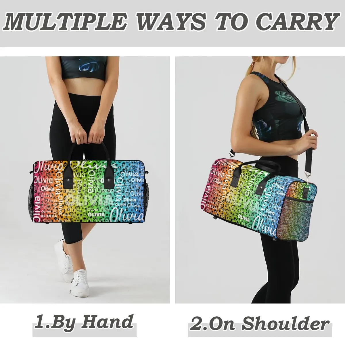 Personalized Travel Duffel Bag for Women Men, Custom Gym Duffel Bags with Name Cheer Sports Overnight Weekender Bags, Colorful Leopard Print Birthday Gift