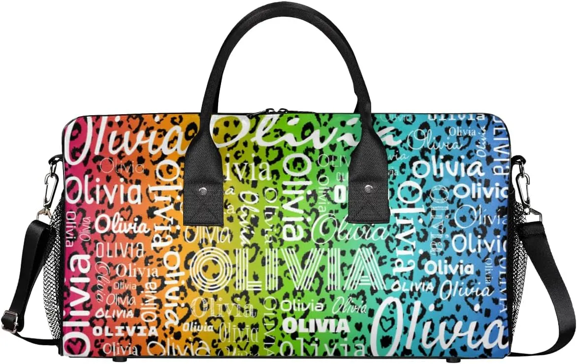 Personalized Travel Duffel Bag for Women Men, Custom Gym Duffel Bags with Name Cheer Sports Overnight Weekender Bags, Colorful Leopard Print Birthday Gift
